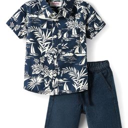 Babyhug Cotton Woven Half Sleeves Shirts and Shorts Set with Leaves Print - Navy Blue-image-80