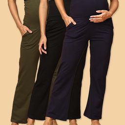 The Mom Store Pack Of 3 Cotton Spandex Solid Maternity Track Pants - Olive Green Navy Blue & Black-image-88