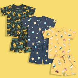 Orange Sugar 100% Cotton Knit Pack Of 3 Half Sleeves Cheetah & Hot Air Balloon Printed Tees With Coordinating Shorts Set - Multi Colour-image-38