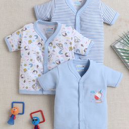 BUMZEE Cotton Knit Front Open Half Sleeves Unicorn Theme Printed & Striped Jhablas Pack Of 3 - Light Blue & White-image-8