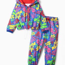 OLLINGTON ST. Cotton Knit Winterwear Set Of Floral Printed Full Sleeves Zipper Hoodie & Joggers - Purple & Blue-image-67