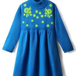 Babyhug Sweater Knit Full Sleeves High Neck Woolen Dress with Floral Embroidery - Royal Blue-image-49