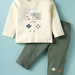 Tango Interlock Knit Full Sleeves T-Shirt & Lounge Pant Set With Game Print - Olive Green-image-96