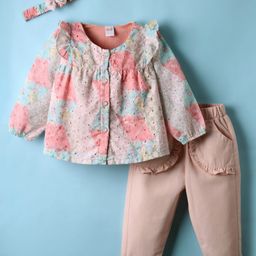 WOW Clothes Cotton Knit Full Sleeves Printed Top & Leggings Set With Headband - Pink-image-60