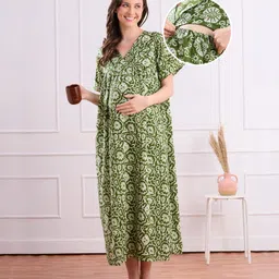 Bella Mama Cotton Woven Half Sleeves Maternity Nighty with Floral Print - Green-picture-8