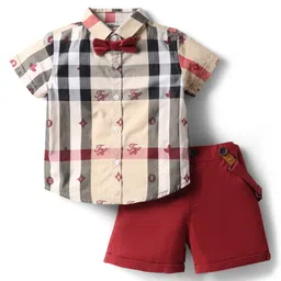 ToffyHouse Poplin Woven Half Sleeves Checks Partywear Shirt & Short Set With Bow & Suspender - Maroon-picture-36