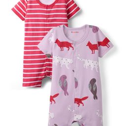 Kookie Kids Interlock Knit Half Sleeves Front Open Striped Rompers with Animal & Birds Print Pack of 2 - Red & Lavender-image-28