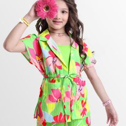 OLLINGTON ST. Textured Floral Printed Shirt and Shorts Co-Ord Set With Inner Viscose Lycra Top - Lime Green-picture-0
