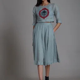 MATI Printed Thread Work Linen Top With Skirt-picture-54