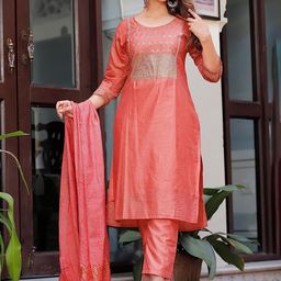 G4Girl Women Yoke Design Regular Thread Work Chanderi Silk Kurta with Trousers & With Dupatta-picture-11