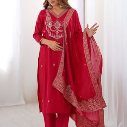Fashion Basket Ethnic Motifs Embroidered V Neck Kurta With Pyjamas & Dupatta-image-79