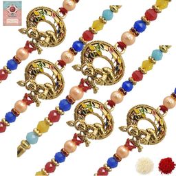 MEIRA JEWELLERY Set Of 5 Designer Rakhis With Assorted Greeting Card & Roli Chawal-25