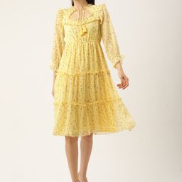 Antheaa Yellow Floral Chiffon Midi Dress-image-123
