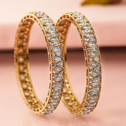 Rubans Set of 2 18K Mehandi Gold-Plated Bangles with Cubic Zirconia & White Stone Details image 3