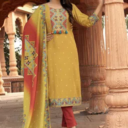 MITTOO Bandhani Printed Round Neck Straight Kurta With Trousers And Dupatta-picture-1