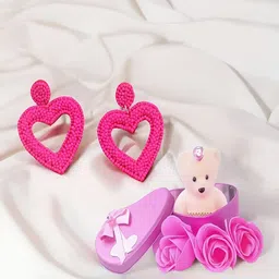 UNIVERSITY TRENDZ Pink & Beige Handmade Pink Heart Earrings & Teddy Bear Combo Set-image-72