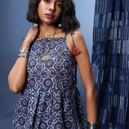 Taavi Block Print Legacy Printed Shoulder Straps Pleated Pure Cotton Peplum Top-16