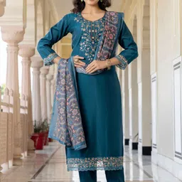 Navlik Floral Yoke Design Thread Work Round Neck Straight Kurta With Trousers & Dupatta-17