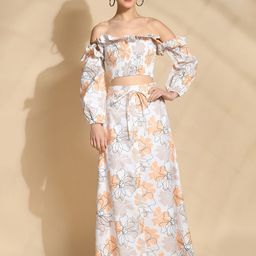 PRETTY LOVING THING Floral Printed Off Shoulder Sleeves Pure Cotton Casual Top & Skirt-image-61