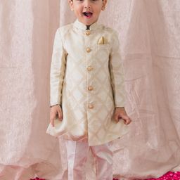Tiber Taber Boys Woven Design Khwabeeda Brocade Bandhgala Kurta & Coat With Trousers-32