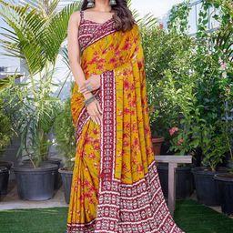 Lookmark Floral Printed Pure Chiffon Saree with Blouse Material-18