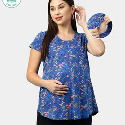 ECOMAMA Organic Cotton & Bamboo Antimicrobial Cap Sleeves Lounge Maternity Top Floral Print - Blue-picture-7
