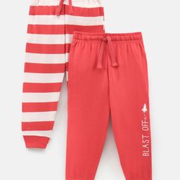 Doreme Full Length Lounge Pant Solid & Striped Pack Of 2 - Red & White-image-87