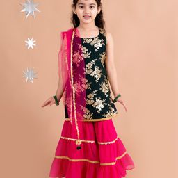 Pspeaches Sleeveless Floral Motif Foil Printed Kurta & Sharara Set - Green-image-21