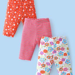 Babyhug Cotton Lycra Three Fourth Length Leggings Floral Print Pack Of 3- Red White & Pink-image-59