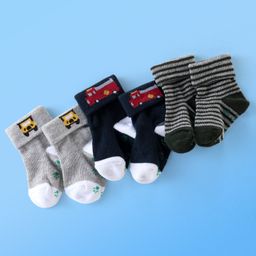 Cutewalk By Babyhug Cotton Anti Bacterial Ankle Length Socks Stripes & Car Design Pack Of 3 - Green Grey & Blue-image-96