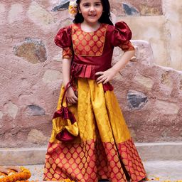 Vastramay Half Puffed Sleeves   Jacquard Designed Lehenga Set With Coordinating Potli Bag - Maroon and Mustard Yellow-image-21