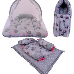 Babytoons Baby Bedding Set 1 Mosquito Protection Net Bed, 1 Sleeping Bag, 1 Gaddi with 3 Cushions, Gift for New Born Baby (0-12 Months, Grey)-15