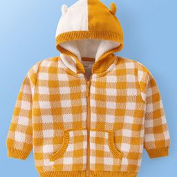 Babyoye Knit Full Sleeves Checkered Front Open Hooded Sweater-  Mustard-image-32