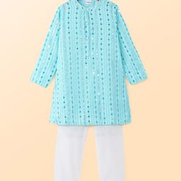 Babyhug Woven Full Sleeves Sequined & Mirror Work Embroidered Kutra Pyjama Set - Blue-image-53