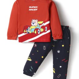 Mini Donuts Cotton Knit Full Sleeves T-Shirt & Lounge Pants Set With Bear & TextPrint - Red-image-12