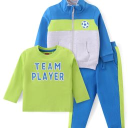 Babyhug Cotton Knit Full Sleeves Front Zipper Sweatshirt With Text Printed T-Shirt & Lounge Pants - Blue Lime & Grey-image-66