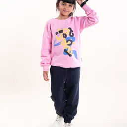 Kiddopanti Fleece Full Sleeves Abstract Art Printed Sweatshirt & Track Pant Set - Pink & Navy-picture-17