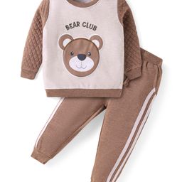 Babyhug Terry Knit Full Sleeves Sweatshirt & Joggers Set with Bear Patch Detailing - Brown-picture-2