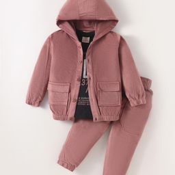 Rikidoos Velvet Full Sleeves Solid Hooded Jacket & Pant With NYC Text Printed Tee Set - Dusty Pink & Dark Grey-image-18