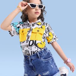 Ollington St. Cotton Text Printed Half Sleeves Shirt & Denim Shorts - White & Indigo-image-78