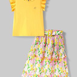 Ollington St. Cotton Knit Frill Sleeves Top & Pleated Georgette Skirt Set With Floral Print - Yellow-image-100