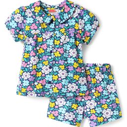 Babyhug Cotton Knit Half Sleeves Peter Pan Collar Shorts Night Suit with Floral Print - Navy Blue-image-83
