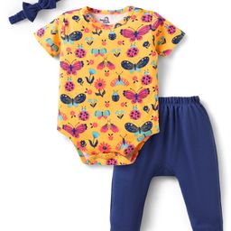 Doodle Poodle Interlock knit Half Sleeves Floral & Insect Printed Onesie With Diaper Leggings & Hairband - Yellow & Navy Blue-image-76