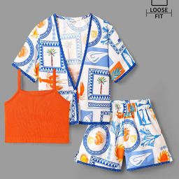 Ollington St.Woven Tree Printed Half Sleeves Shrug & Shorts Set with Inner Top - Multicolour-image-99