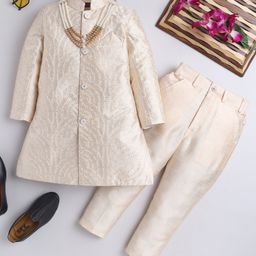 Ahhaaaa Silk Blend Full Sleeves Leaves Embroidered Sherwani & Pant Set - Gold-image-4