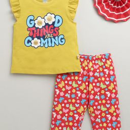 BUMZEE Cotton Cap Sleeves Floral & Butterfly Printed Top & Coordinating Capri Set - Pink & Yellow-image-62