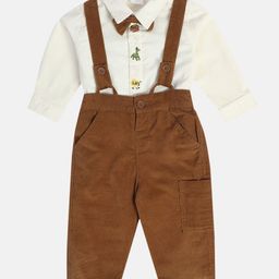 MINI KLUB Cotton Solid Dungaree With Full Sleeves Baby Animals Embroidered Shirt & Bow - Brown & White-image-9