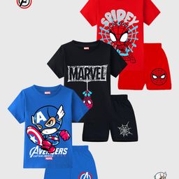 KUCHIPOO Cotton Knit Pack Of 3 Half Sleeves Marvel Featuring Half Sleeves Characters Printed Tees & Shorts Set - Red Black & Blue-29