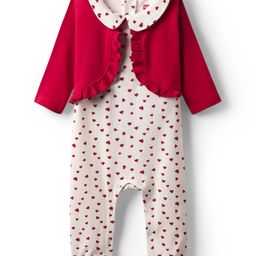 Babyhug 100% Cotton Cotton Knit Full Sleeves Romper with Attached Shrug & Heart Print - Red-image-81