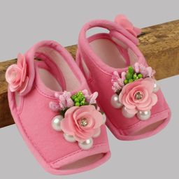 Daizy Floral Applique Detailed Stones Embellished Velcro Closure Sandals - Baby Pink-image-51